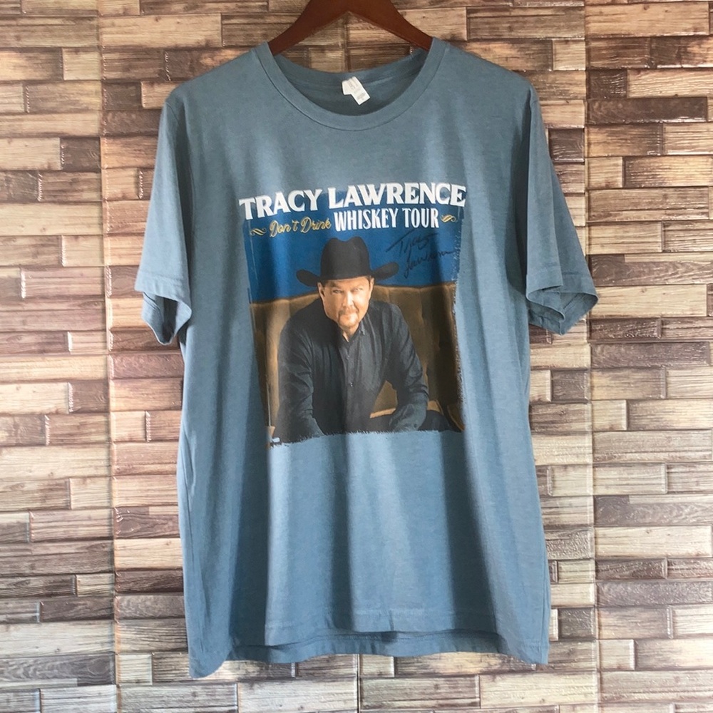 New Autographed Tracy Lawrence Heather Slate Whiskey Tour XL Tee Bella Canvas